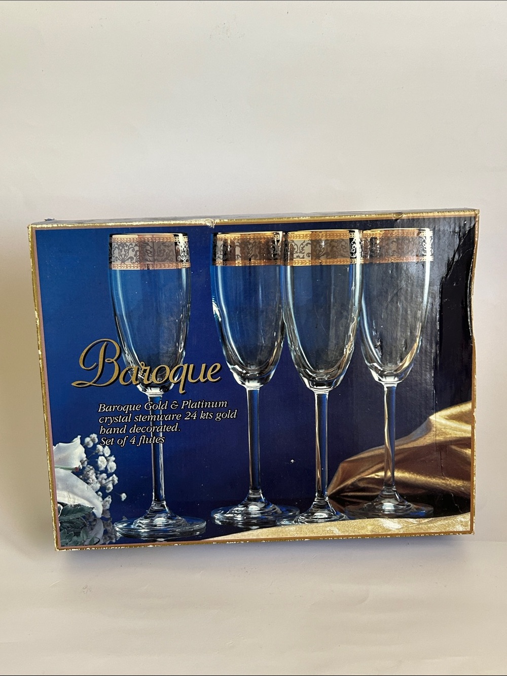 Baroque 24K Gold & Platinum Crystal Champagne Flutes Set of 4 NIB